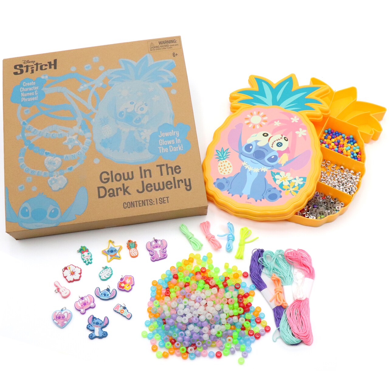 Disney: Glow-In-The-Dark Jewelry - Stitch - DIY Craft Activity Set, Cord Necklaces & Bracelets, Character Charms & Case, Letter & Color Beads, Kids 6+